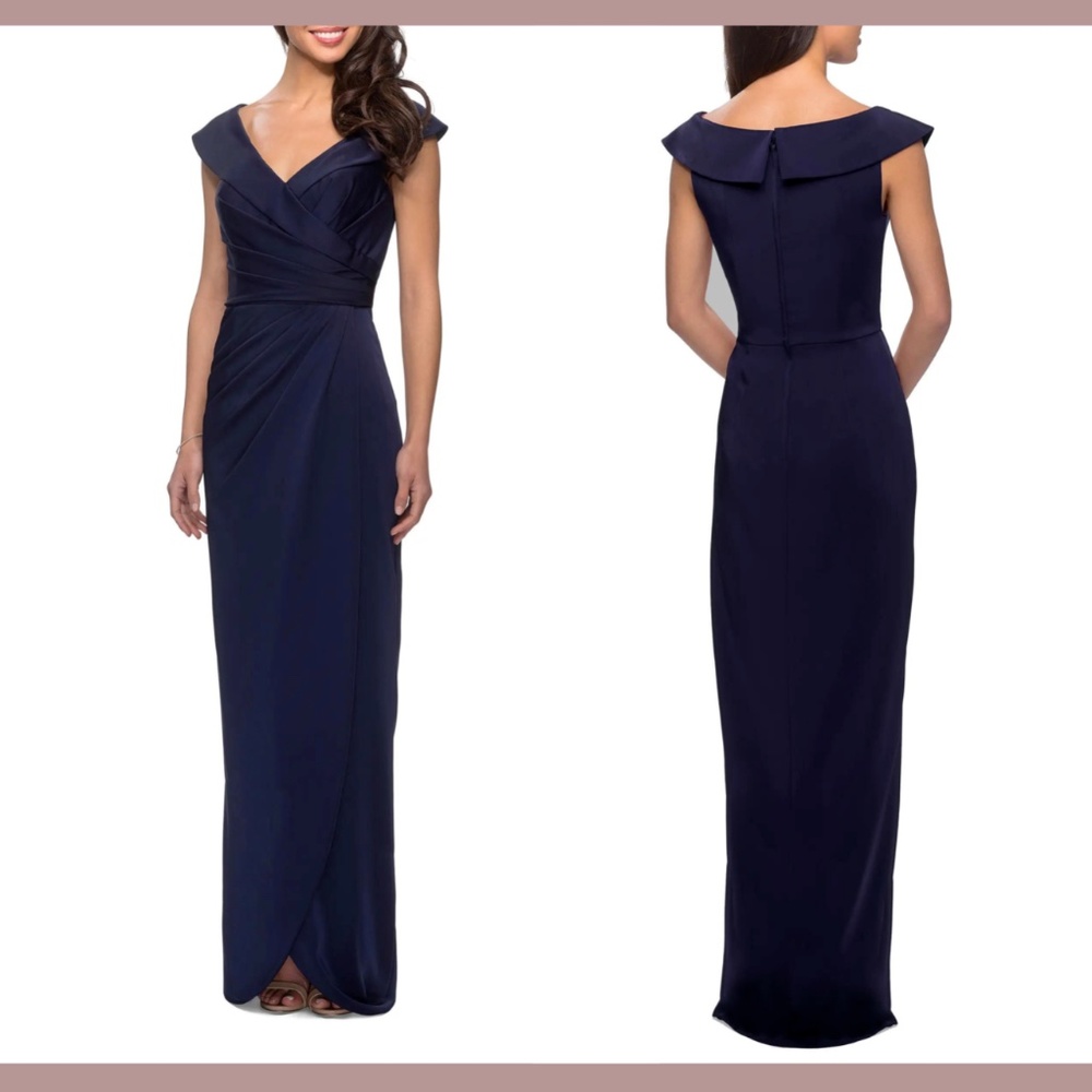 NWT $365 La Femme [SZ 2 ] Surplice‎ Off the Shoulder Column Gown in Navy